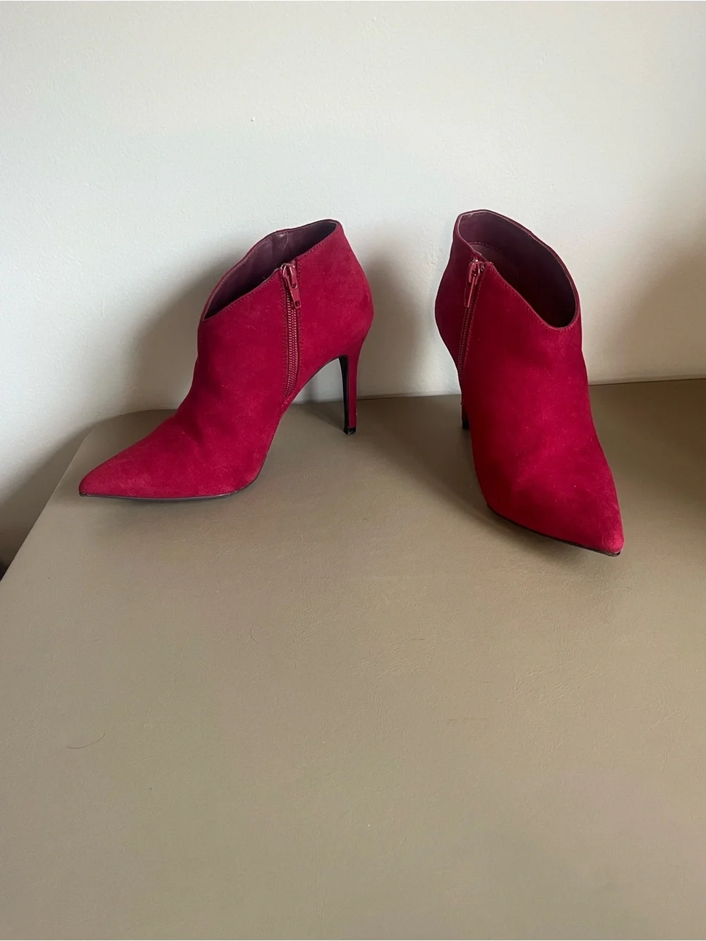 Women's Red Suede Pointed-Toe Ankle Booties